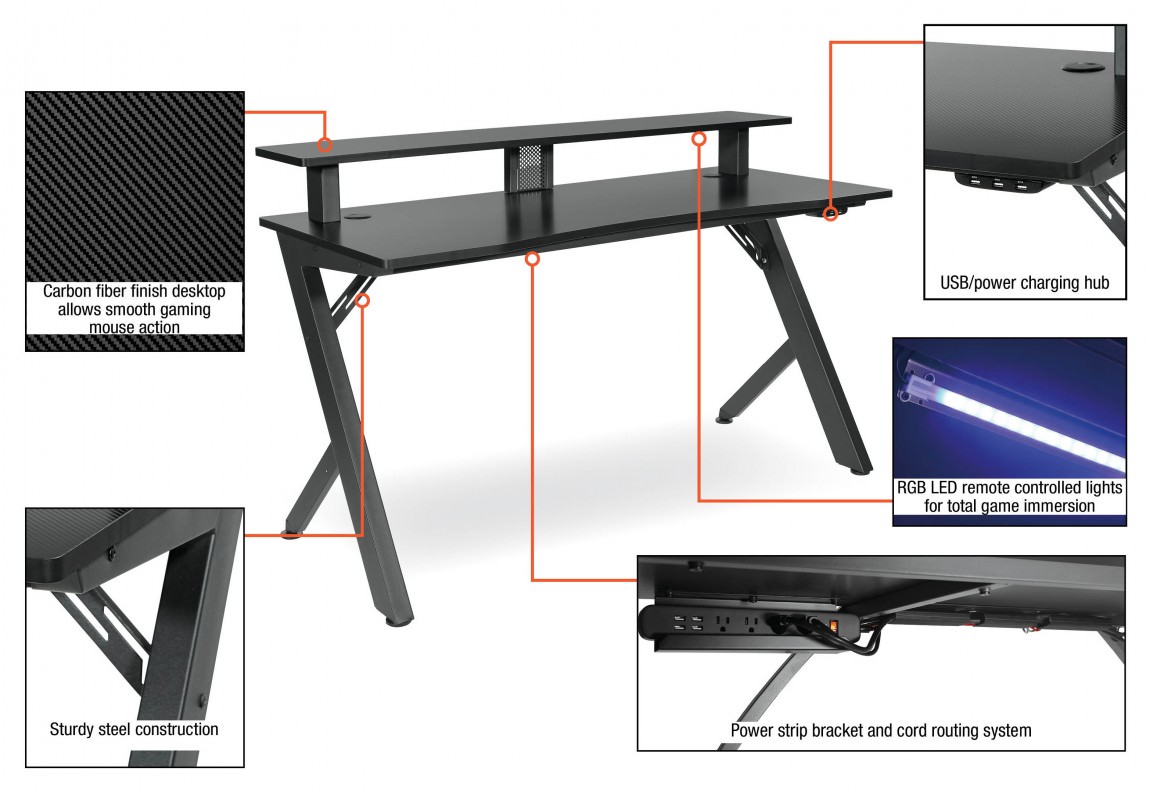 Black Gaming Desk with LED Lights | DesignLab by Office Star Products