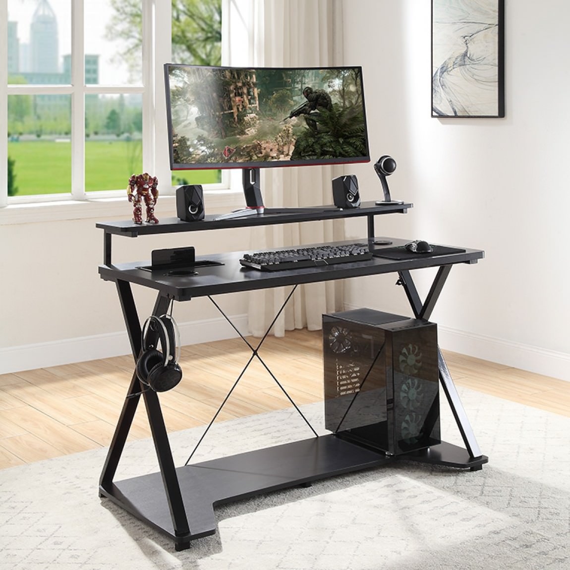 Gray Gaming Desk with LED Lights 63 x 28 x 36 : ADP6328GD