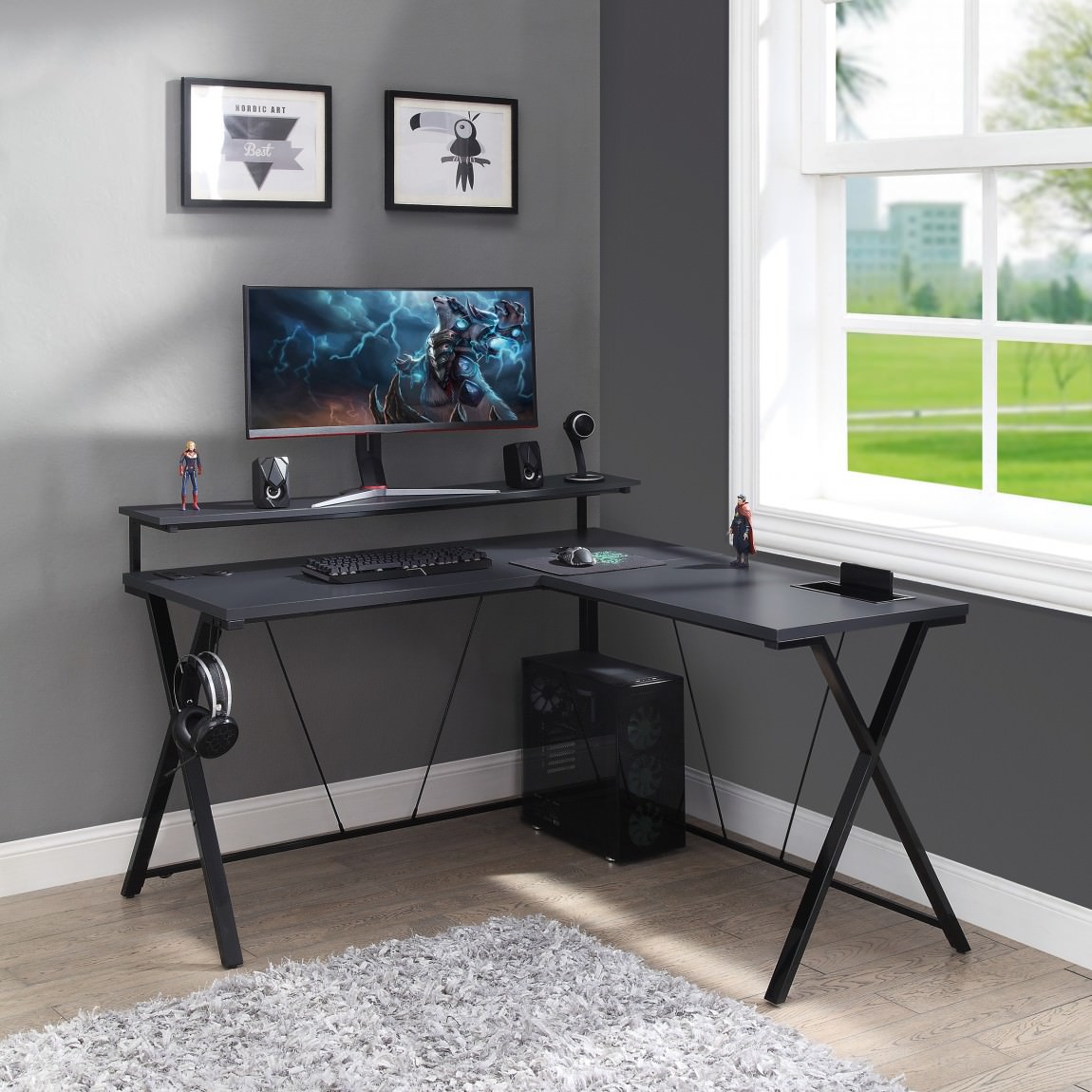 L Shaped Gaming Desk with LED Lights and Drawers, Gaming Desk with