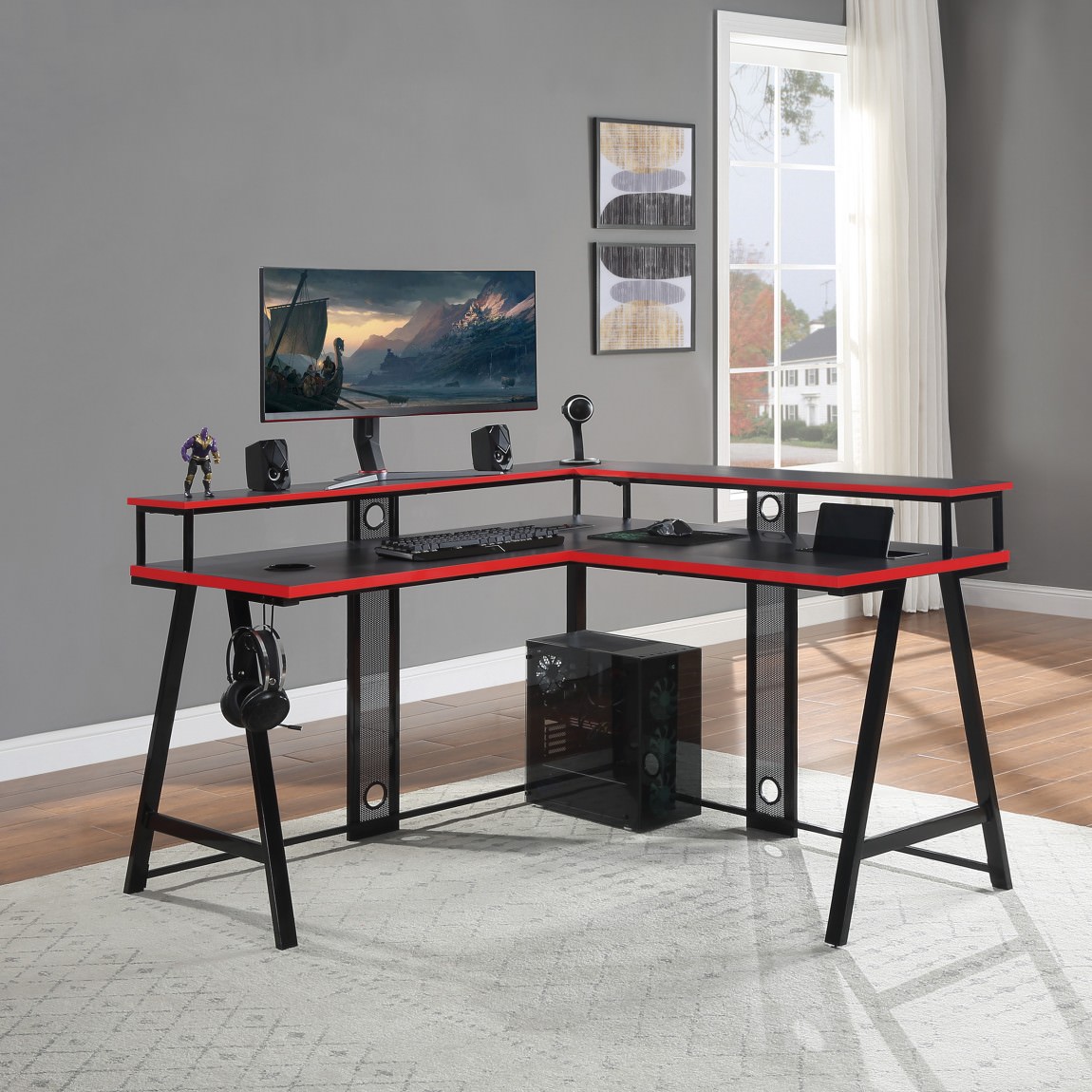 L Shaped Gaming Desk with LED Lights - Carbon Fiber - Designlab by Office Star Products