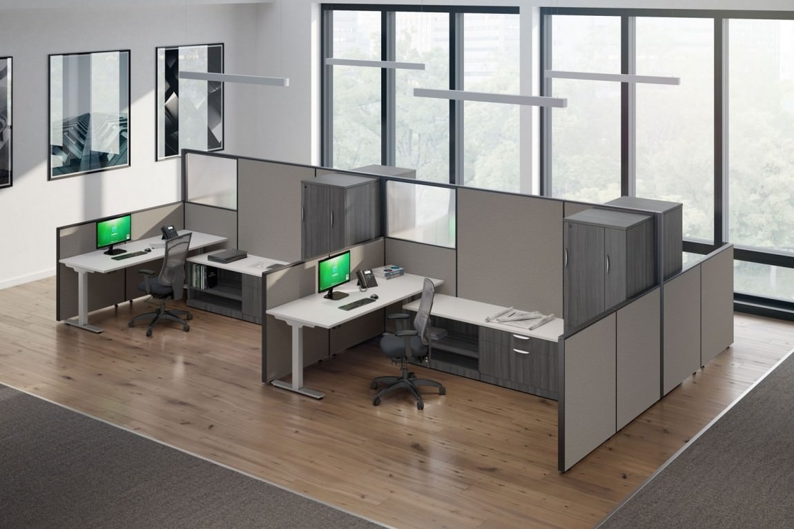 Gray, Silver, White 4 Person Modern Cubicles with Electric Sit Stand Desk -  SpaceMax by Harmony Collection | Madison Liquidators