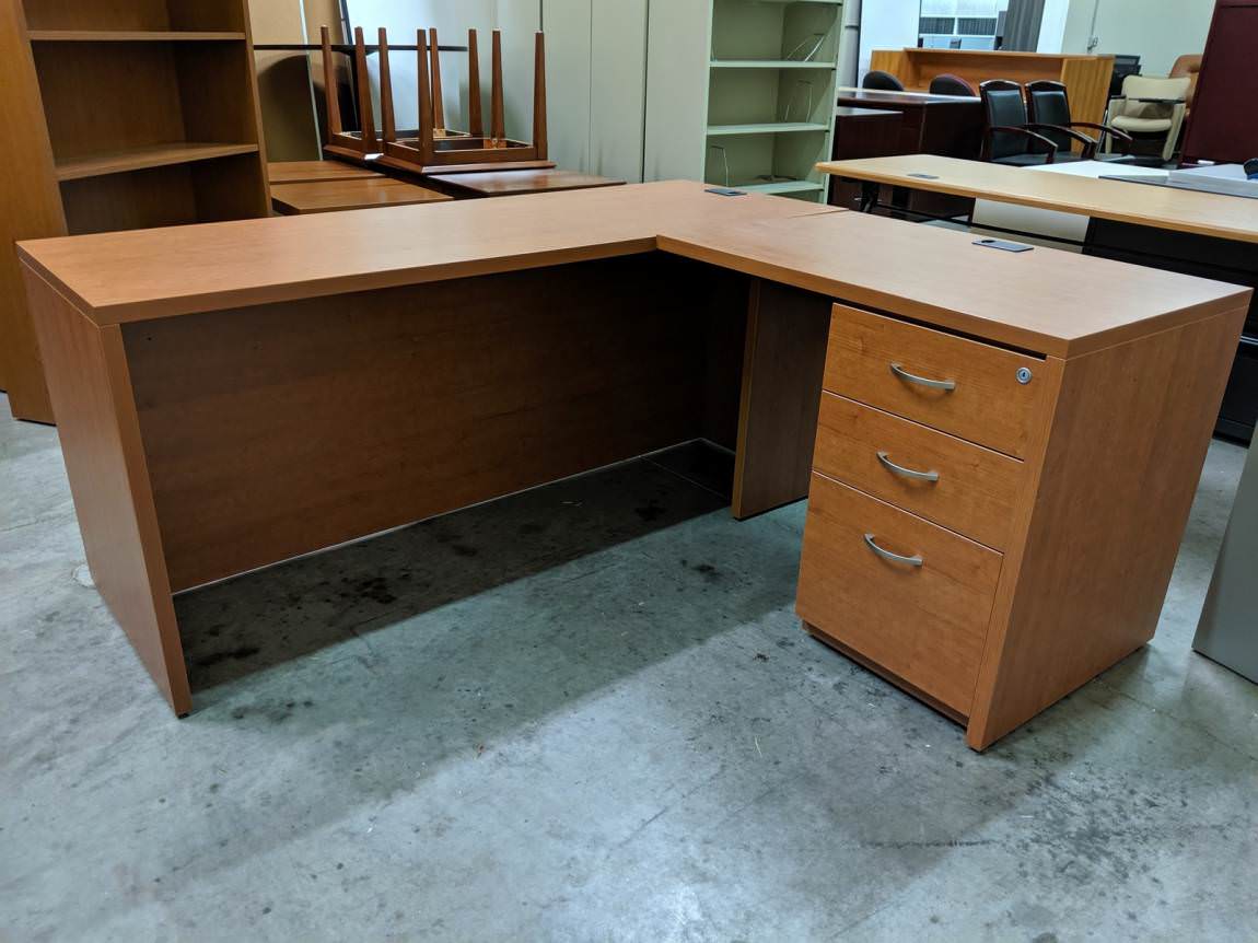 Oak Laminate L Shaped Desk with Drawers