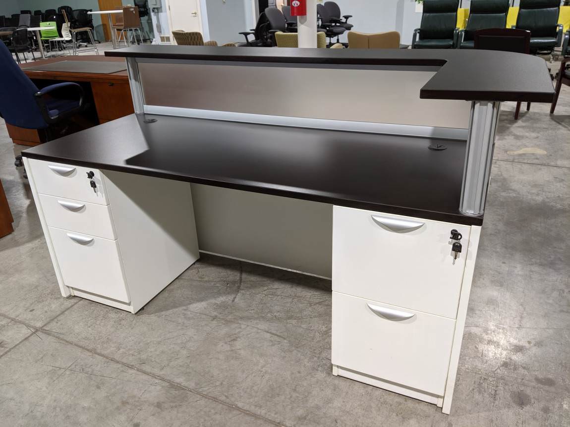 White Laminate Reception Desk with Dark Walnut Top and Transaction Counter