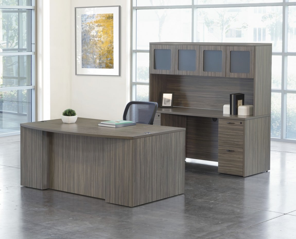 Urban Walnut Bow Front Desk and Credenza with Hutch