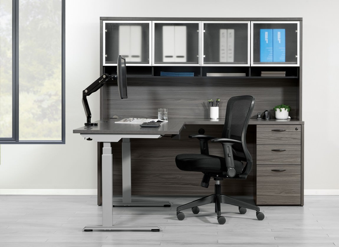 L shaped Sit Stand Desk With Hutch
