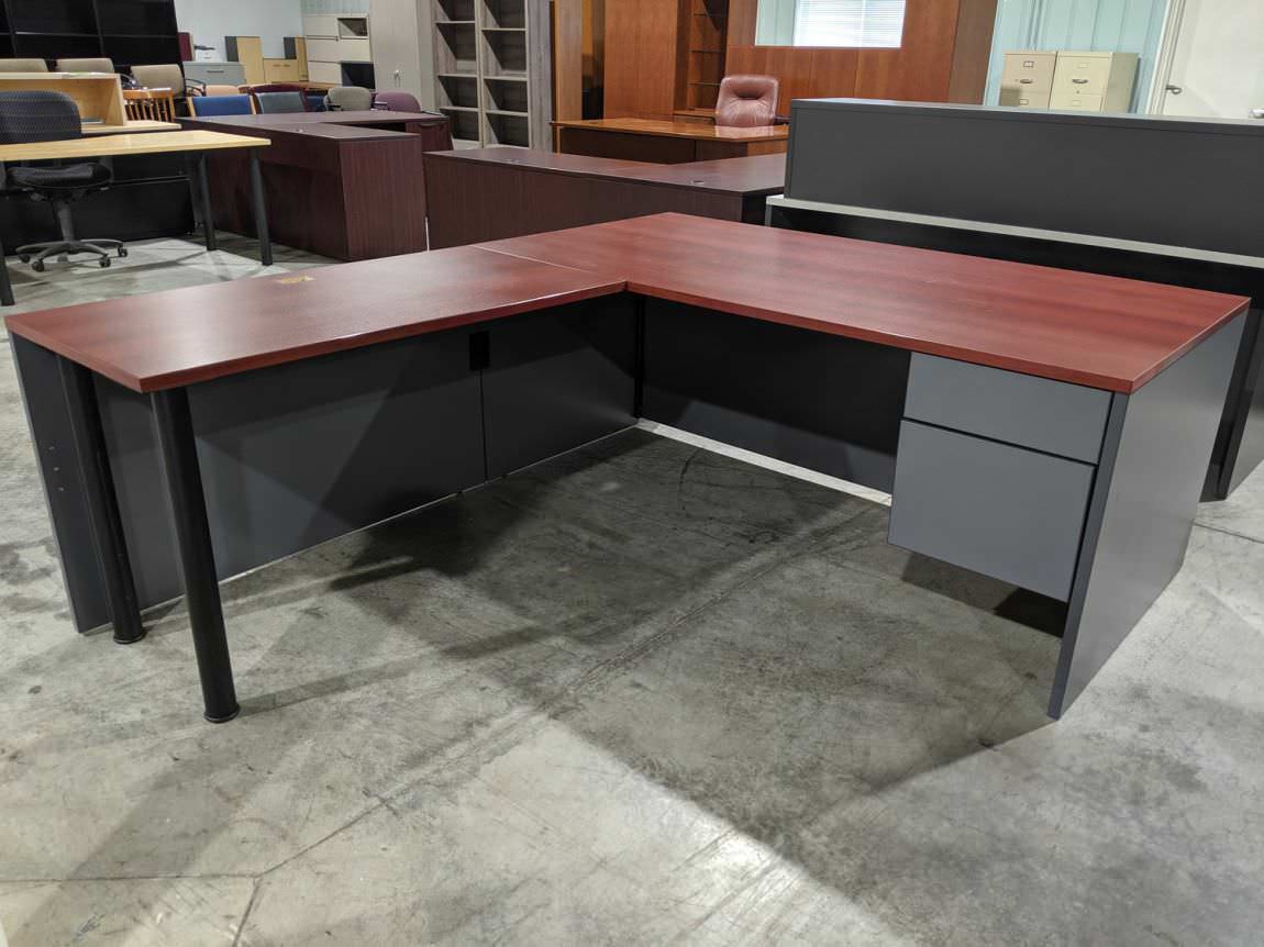 Cherry Laminate L-Shape Desk with Gray Base