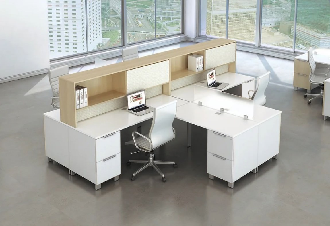 Silver 2 Person Office Desk with Drawers and Overhead Storage 144