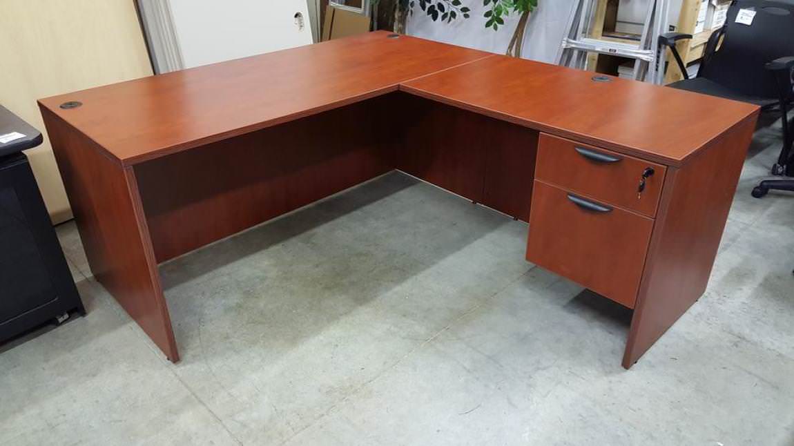 Cherry L Shape Office Desk With Locking, L Shaped Office Desk With Locking Drawers