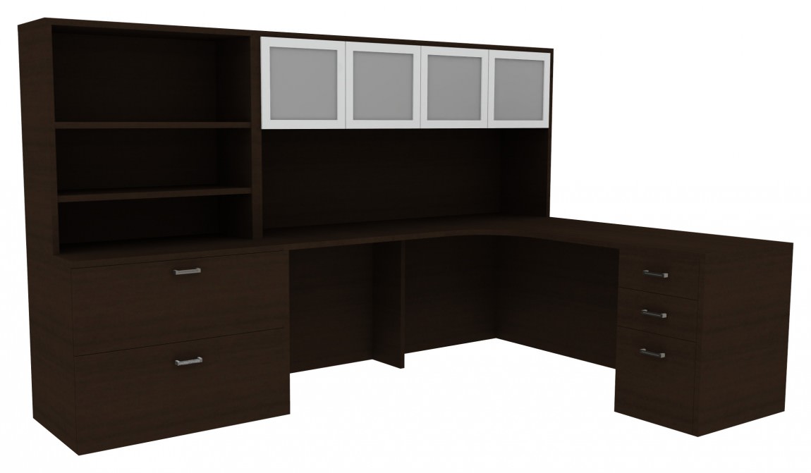 Corner desk deals with overhead storage