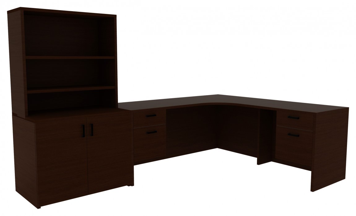 Black Cherry L Shaped Desk with Drawers and Shelves 71" x 107" x 29/65