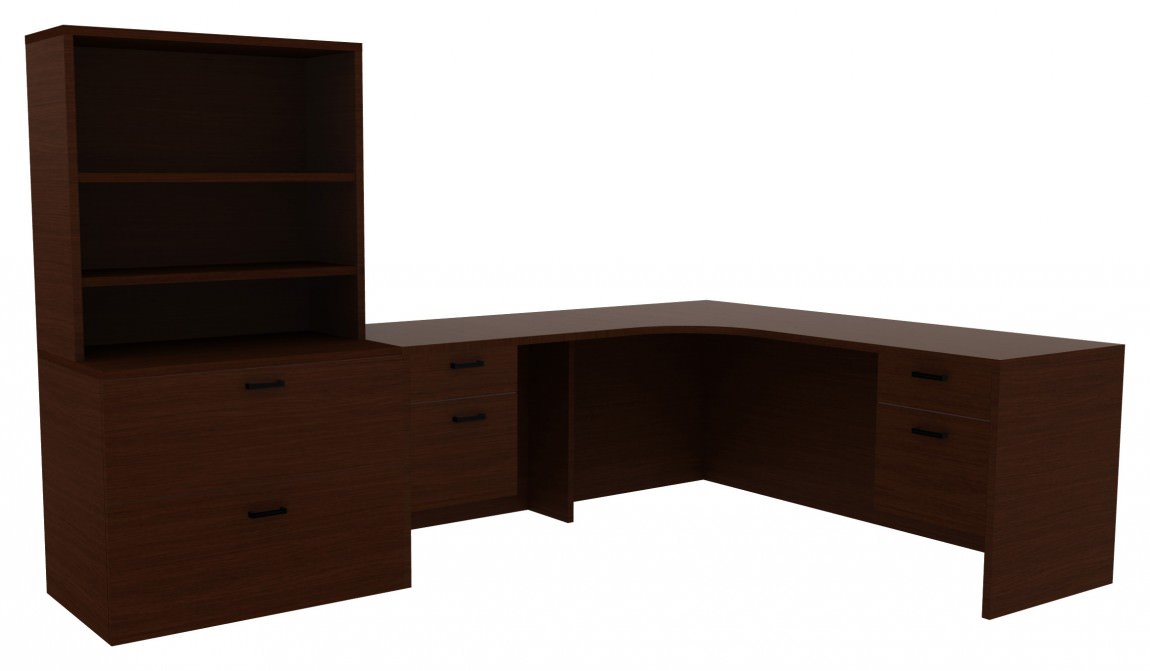 Black Cherry L Shaped Desk with Drawers and Shelves 71