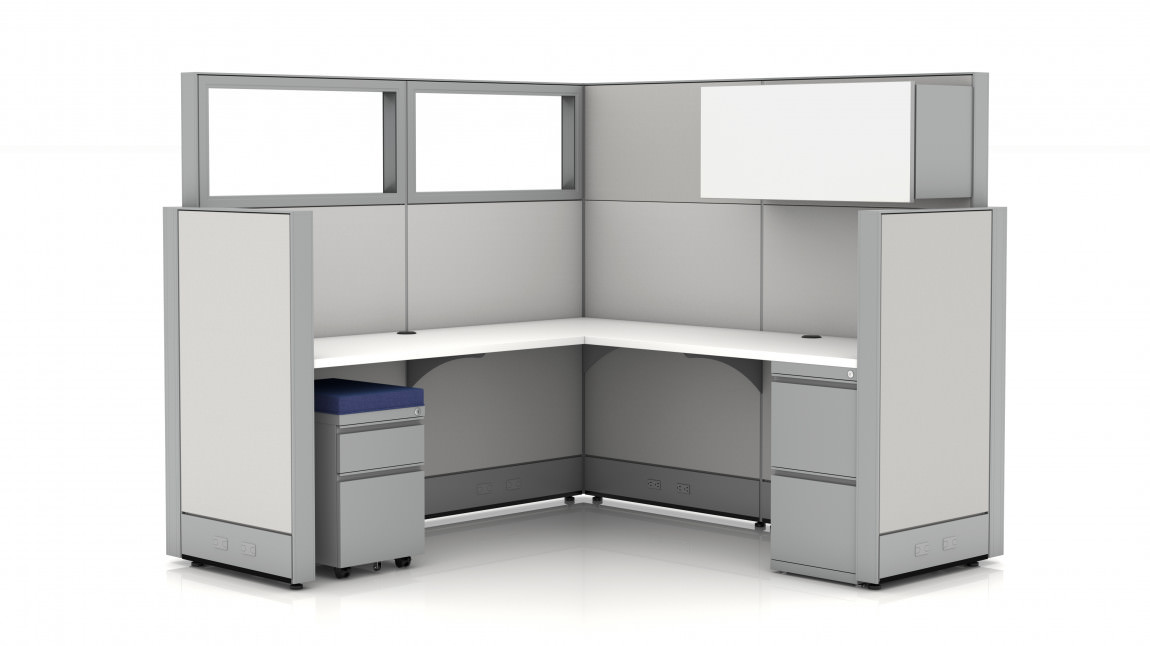 Grey Cypress L Shaped Office Cubicle with Drawers and Overhead Storage