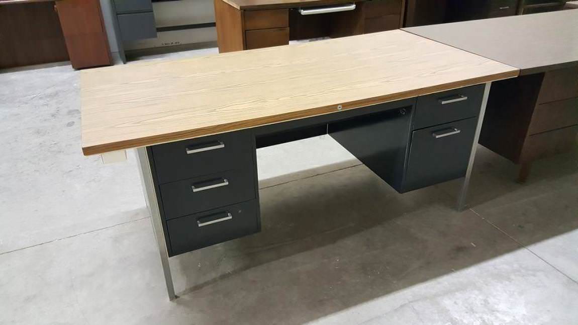 Black Metal and Laminate Oak Desk with Drawers