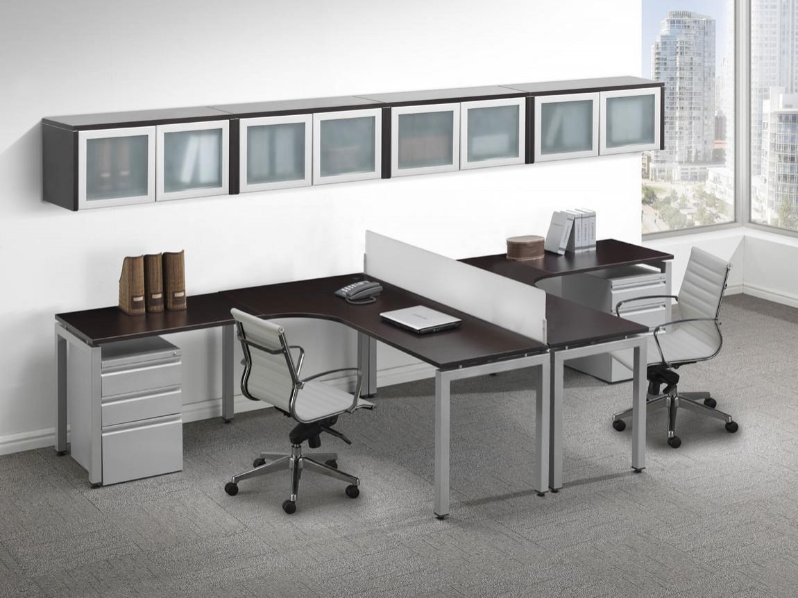 536 Contemporary 2 Person T Shape Desk With Glass Accent Storage Cabinets 1 
