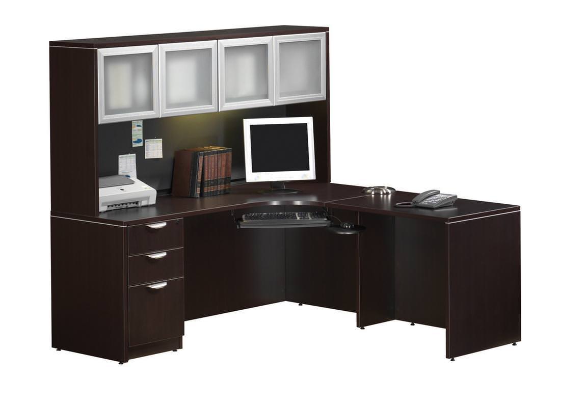 Dark Walnut Curved L Shape Desk with Hutch and Keyboard Tray