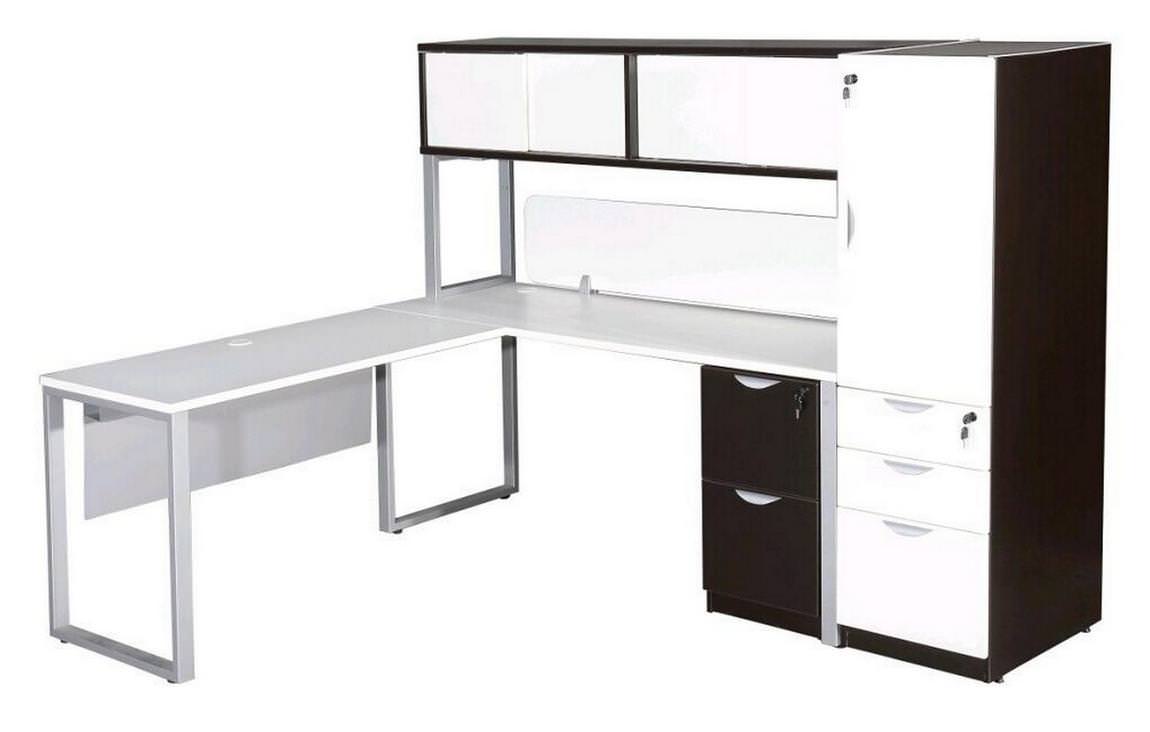 Two Tone L Shaped Desk with Drawers Side Storage and Hutch