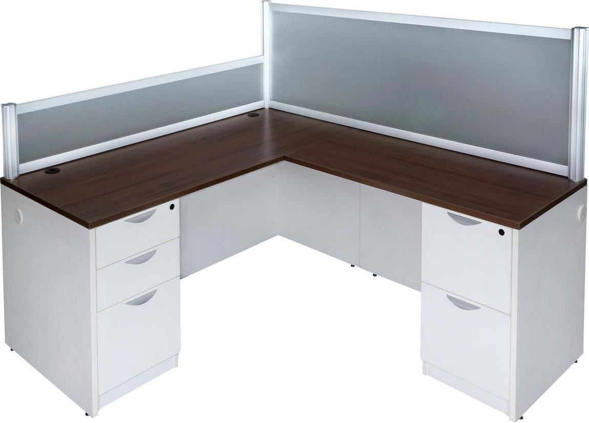 594 White Modern Walnut L Shape Desk With Drawers And Privacy Panels 1 