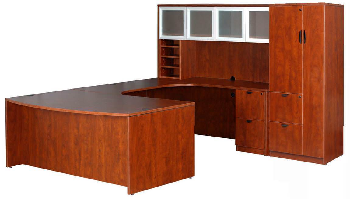 Executive U Shape Desk with Glass Door Hutch and Storage Cabinet
