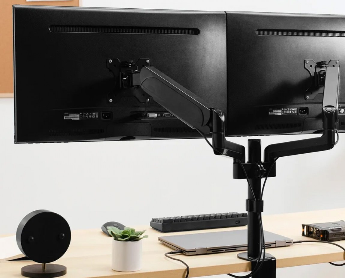 Black Clamp-on Pneumatic Dual Monitor Arm by Black Dog Office