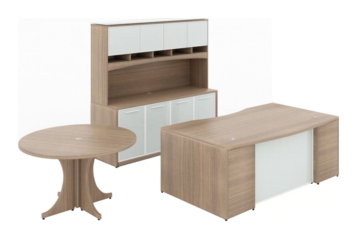 Bow Front Executive Desk Set With Storage Cabinet And Round Table 