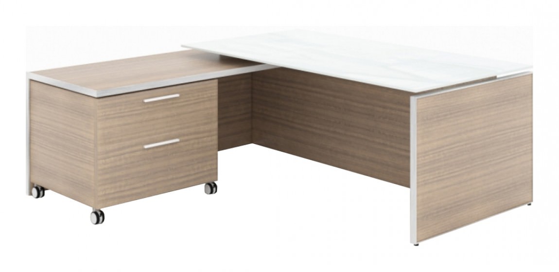 Executive L Shaped Desk with Drawers and Glass Desktop