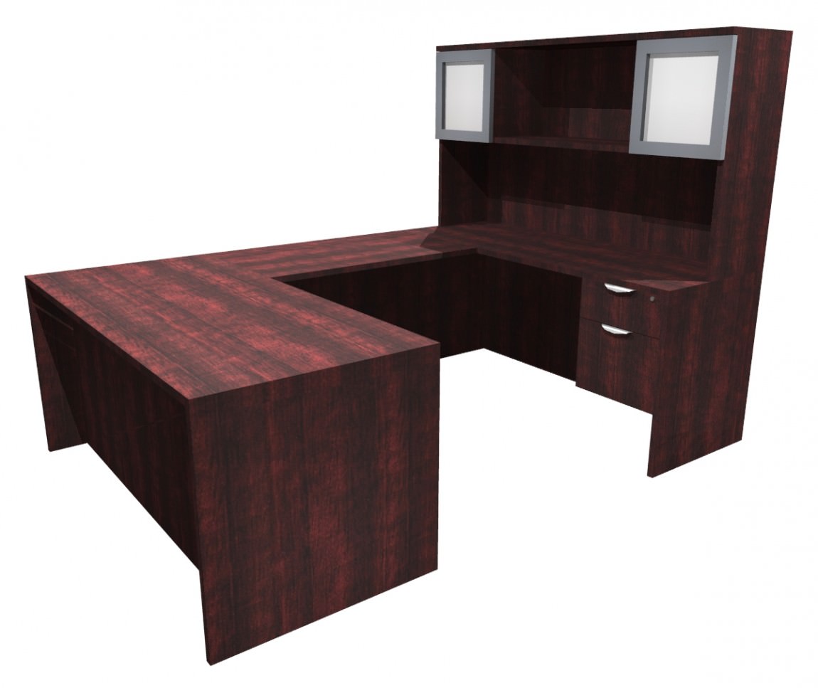 Mahogany U Shaped Office Desk with Hutch