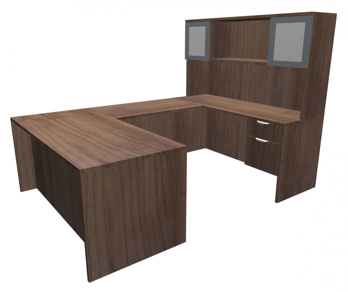 Modern Walnut U Shaped Office Desk with Hutch