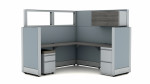 Modern L Shaped Office Workstation Cubicle with Drawers and Overhead Storage