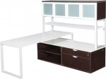 L Shape Desk with Silver Legs Side Storage and Hutch