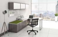 T Shaped Desk with Drawers and Overhead Storage