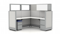 L Shaped Office Cubicle with Drawers and Overhead Storage