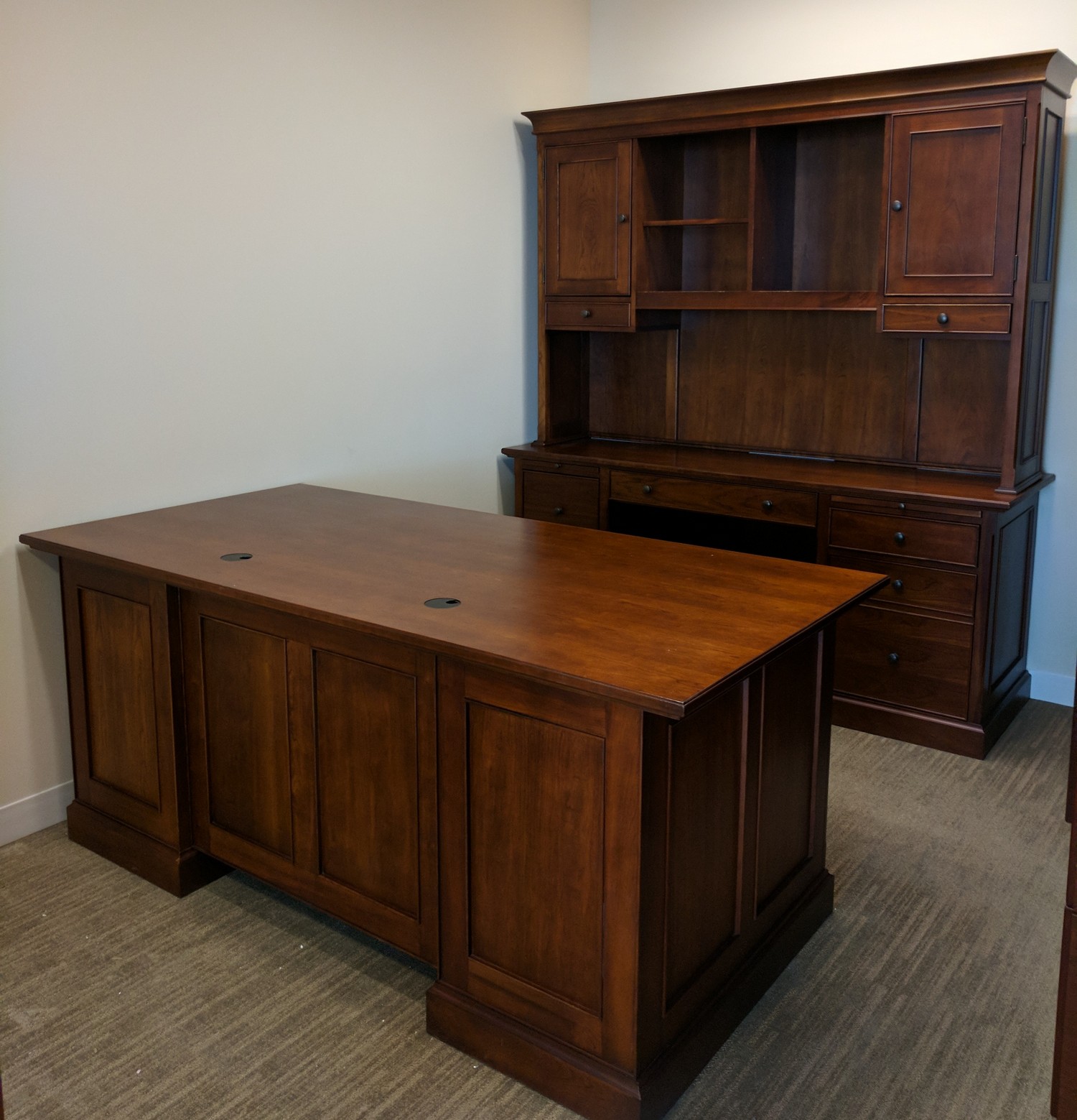 Traditional Solid Wood Cherry Desk And Credenza With Hutch