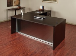 L Shaped Desk with Glass Modesty Panel