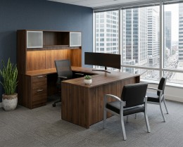 U Shape Desk with Hutch and Drawers
