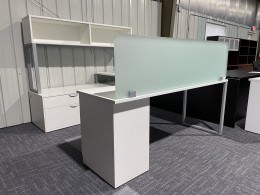 White U Shaped Desk with Glass Panels & Storage