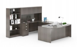 Bow Front U Shaped Desk with Hutch and Bookshelf - Commerce Laminate