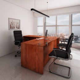 L Shaped Desk with Plexiglass Divider Panel - Commerce Laminate Series