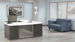 Bow Front L Shape Desk with Drawers and Power - Tuxedo Series