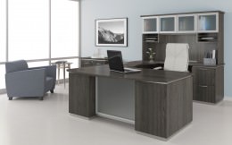 Bow Front U Shape Desk with Hutch and Drawers - Tuxedo Series
