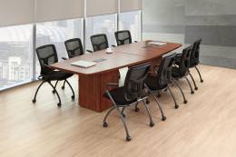 Cube Base Boat Shaped Conference Table and Nesting Chairs Set