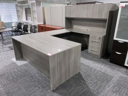 Gray U-Shaped Desk with Hutch and Drawers