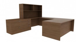 U Shaped Desk with Hutch and File Cabinet - Amber
