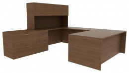 U-Shaped Desk with Drawers and Shelves - Amber