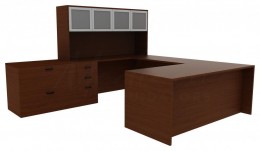 U Shaped Desk with Hutch and File Cabinet - Amber