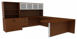 U Shaped Desk with Hutch and Drawers - Amber
