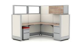 L Shaped Office Cubicle with Drawers and Overhead Storage