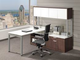 Multi-Tier White and Modern Walnut L Shape Desk with Hutch - Elements