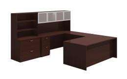 U Shaped Desk with Hutch and Storage - Amber