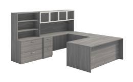 U Shaped Desk with Hutch and Storage - Amber