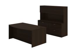 Bow Front Desk with Lateral Credenza and Hutch - Amber